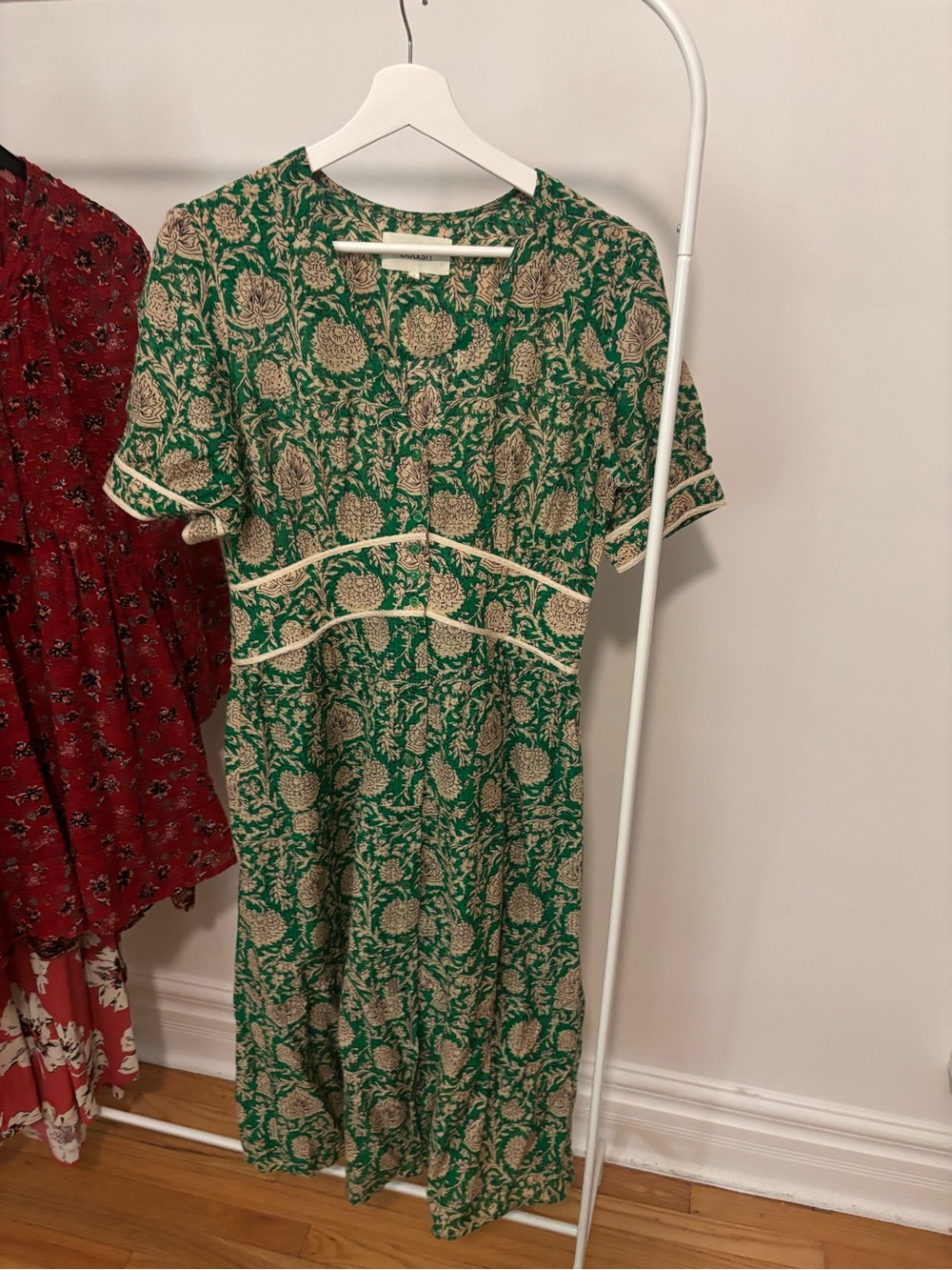 ba&sh Green Floral Midi Dress with Ivory Trim